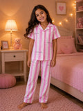 Kids’ Short Sleeve Pajama Set with Pants – Wide Stripe Print