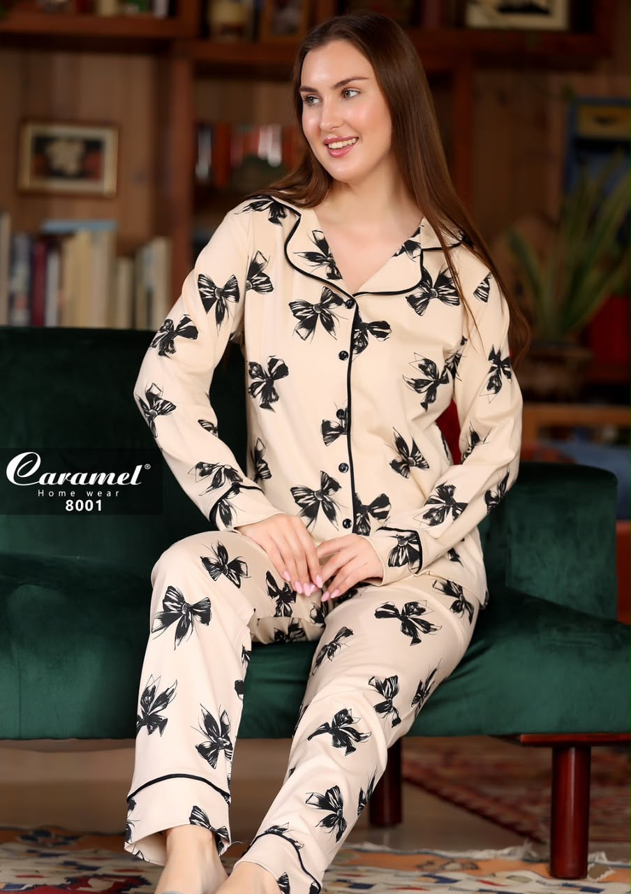 Women’s long Sleeve black bows Pajama Set - Model 8001