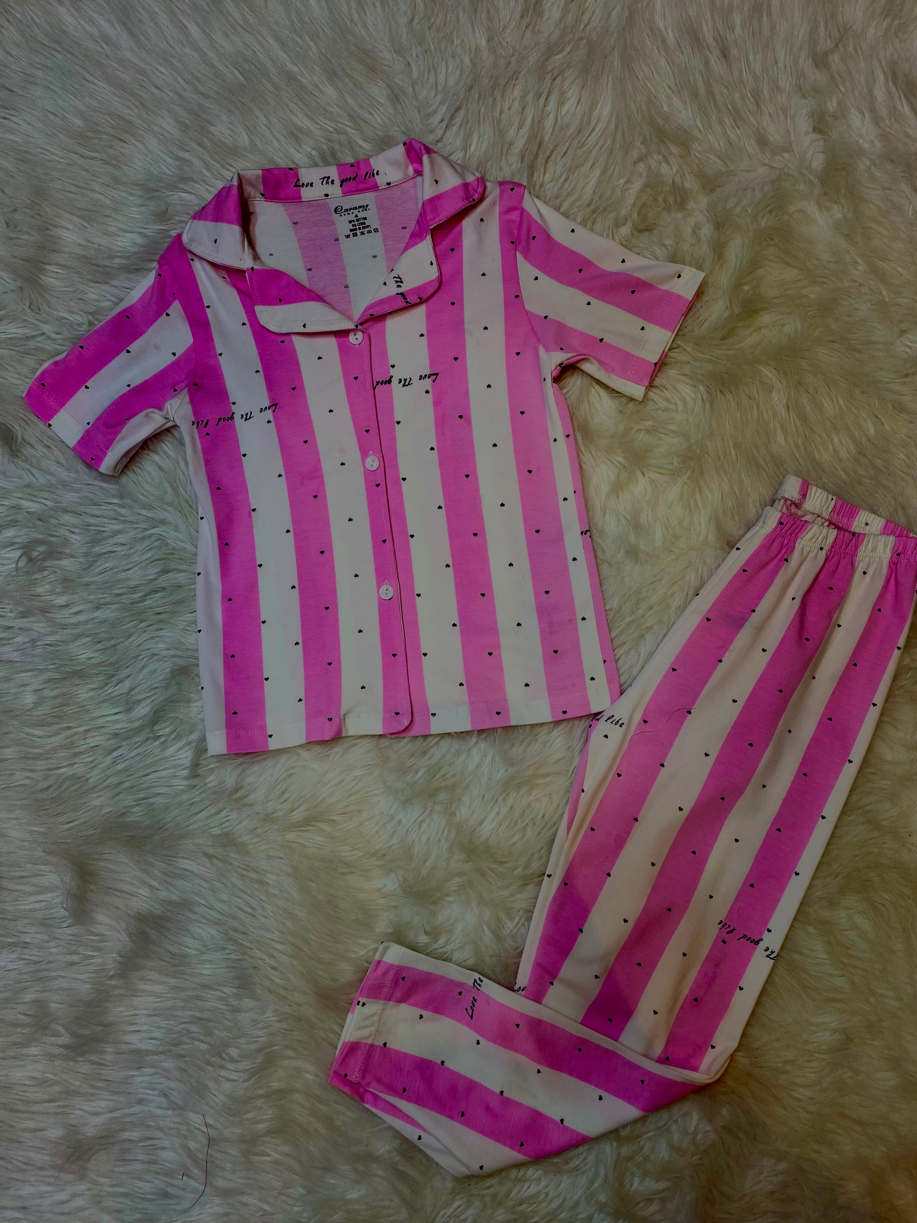 Kids’ Short Sleeve Pajama Set with Pants – Wide Stripe Print