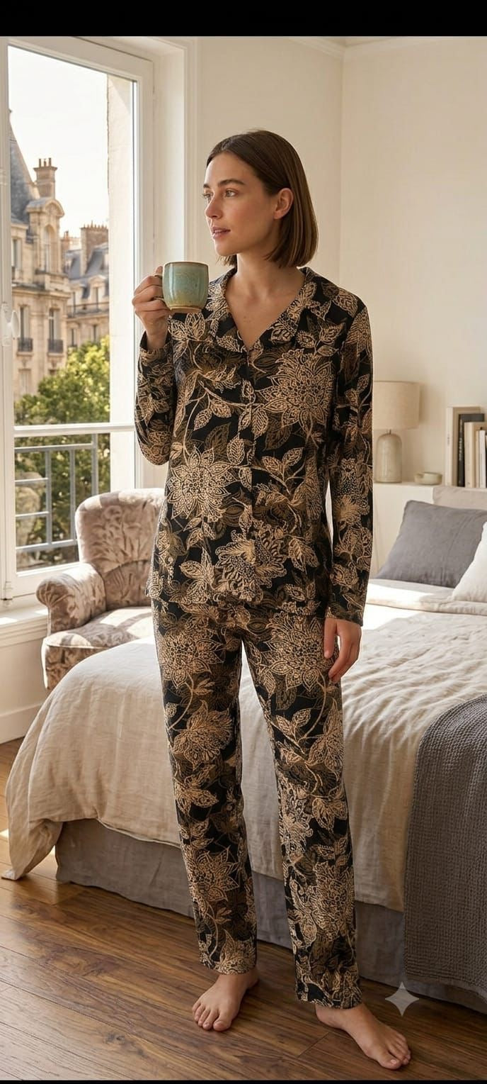 Women’s long Sleeve brown flower Pajama Set -  9070