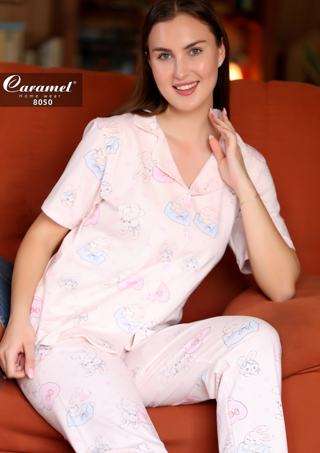 Bunny & Hearts Short Sleeve Long Pants Pajama- Model 8050
