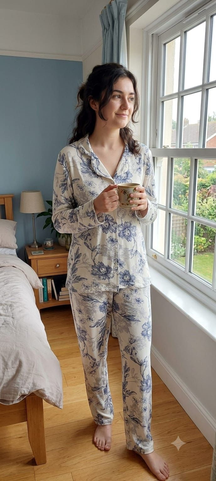Women’s long Sleeve blue flower Pajama Set - Model 9072