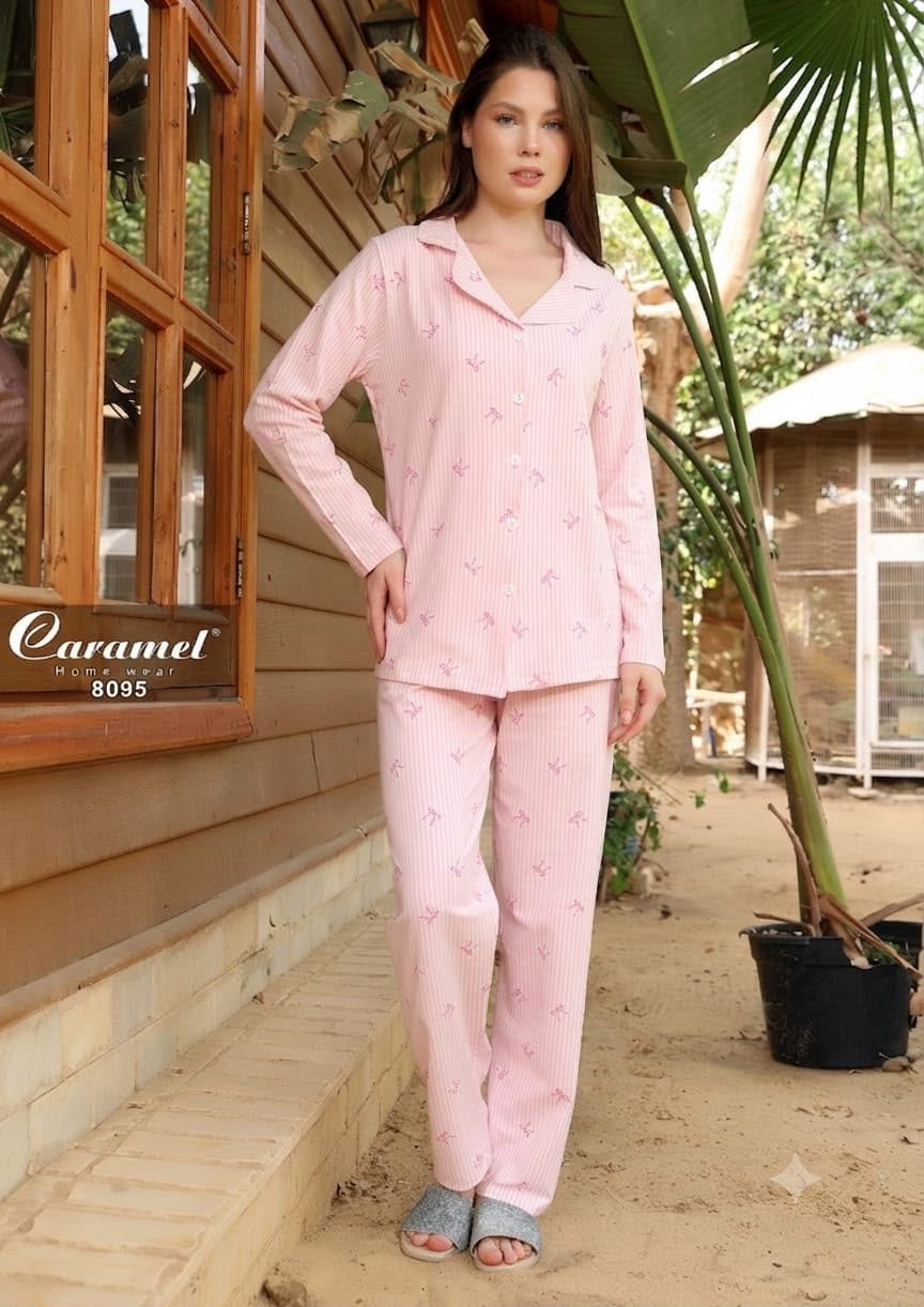 Women’s long Sleeve pink bows Pajama Set - Model 8095