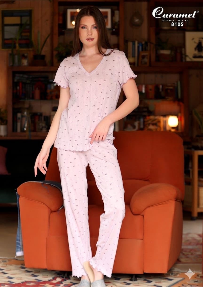 Women’s Short Sleeve Bow Print Pajama Set - Model 8105