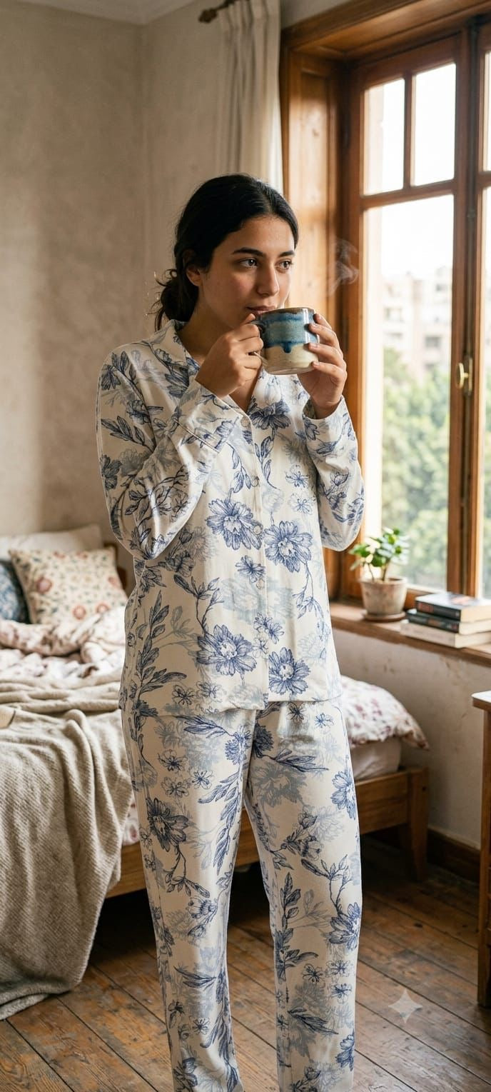 Women’s long Sleeve blue flower Pajama Set - Model 9072