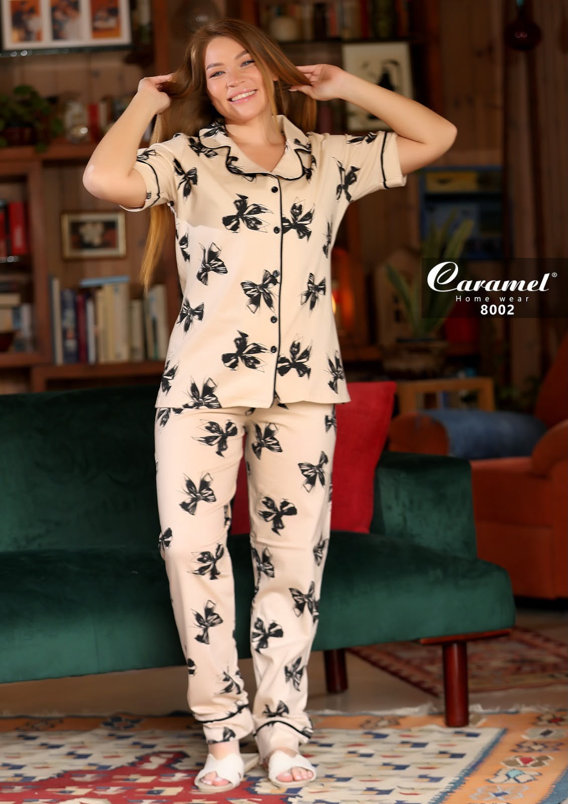 Women’s Short Sleeve black bows Pajama Set - Model 8002