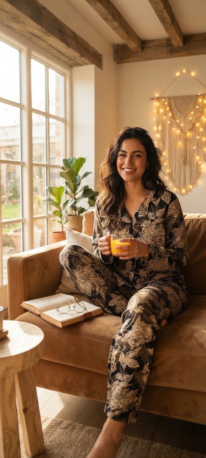 Women’s long Sleeve brown flower Pajama Set -  9070