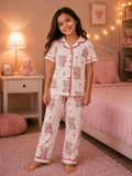 Kids’ Short Sleeve Pajama Set with Pants – Teddy Bear & Hearts -Model 818