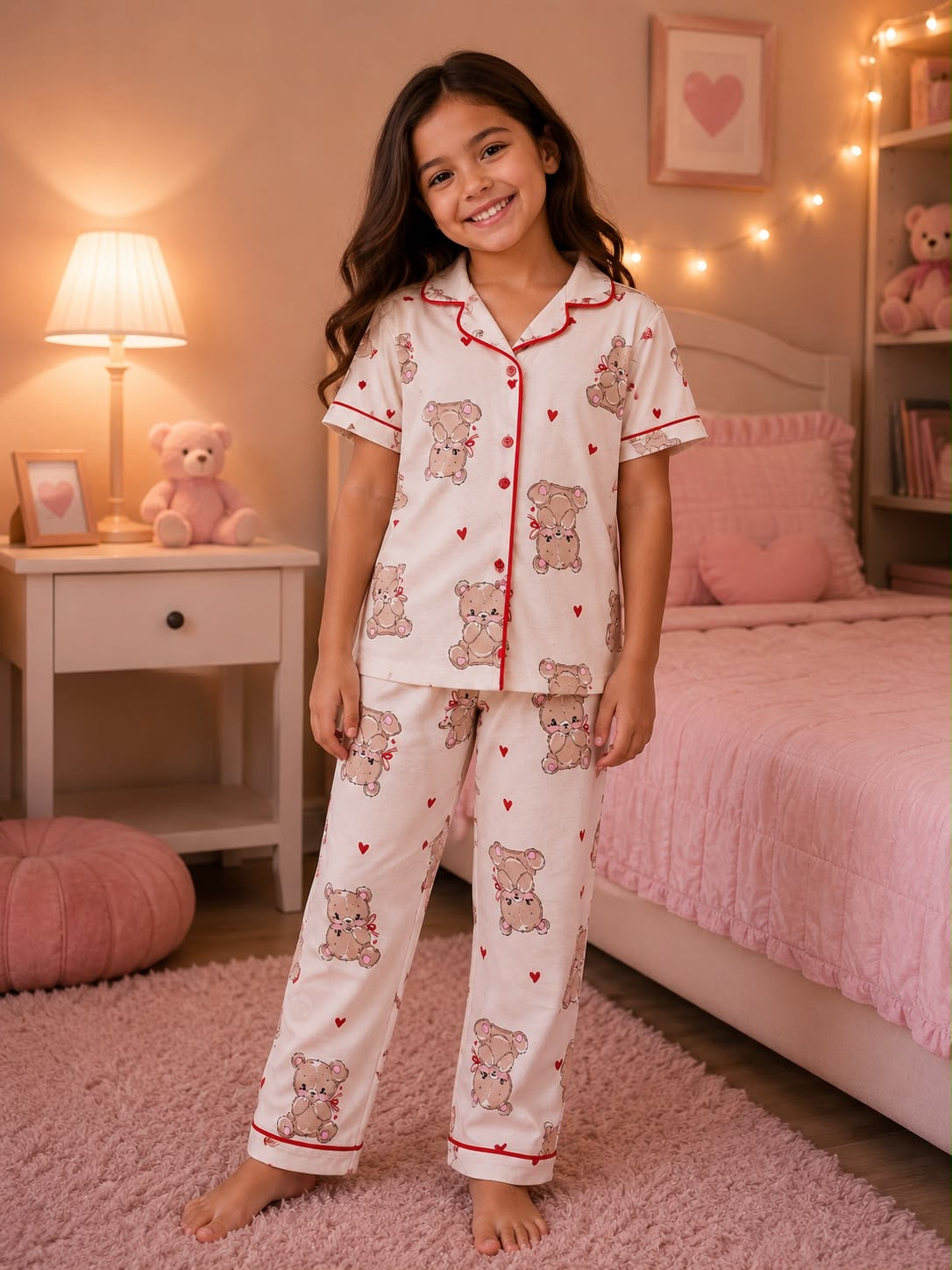 Kids’ Short Sleeve Pajama Set with Pants – Teddy Bear & Hearts -Model 818