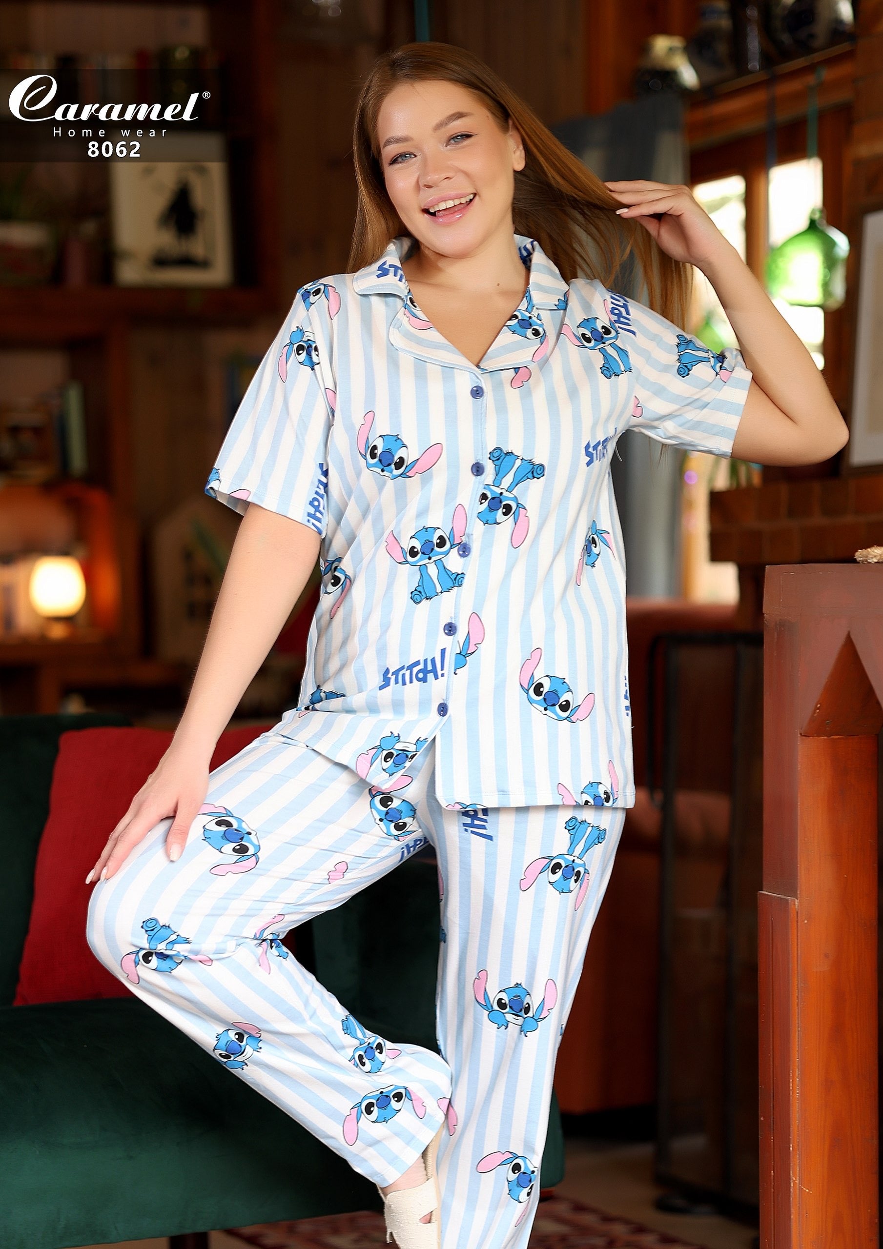 Stitch Short Sleeve Long Pants Pajama -Model 8062