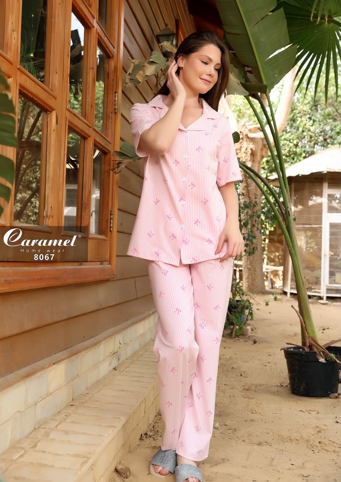 Women’s Short Sleeve pink bows Pajama Set - Model 8067