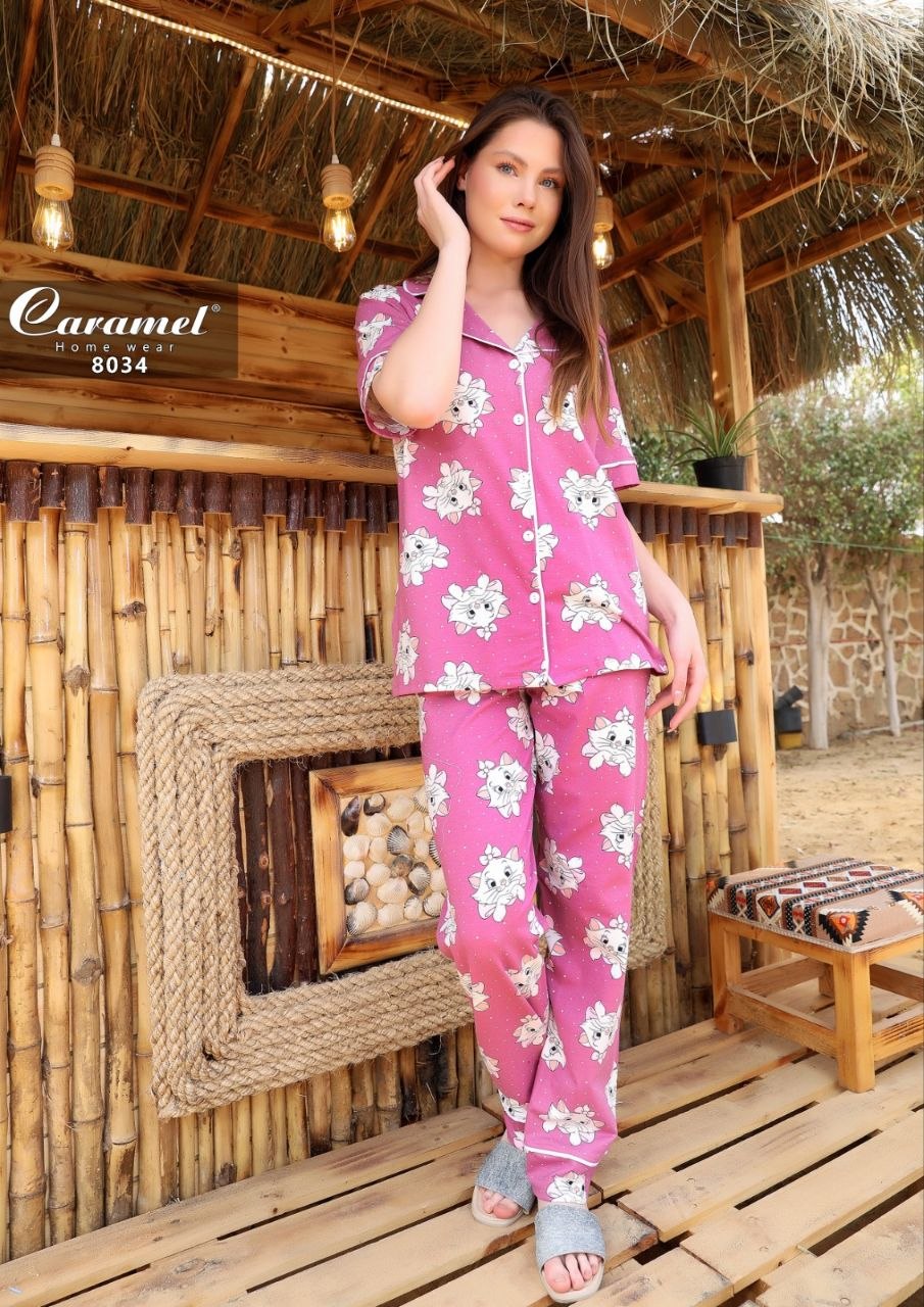 Women’s Marie Cat Print Pajama Set | Short Sleeve Button-Up Sleepwear  | Model 8034